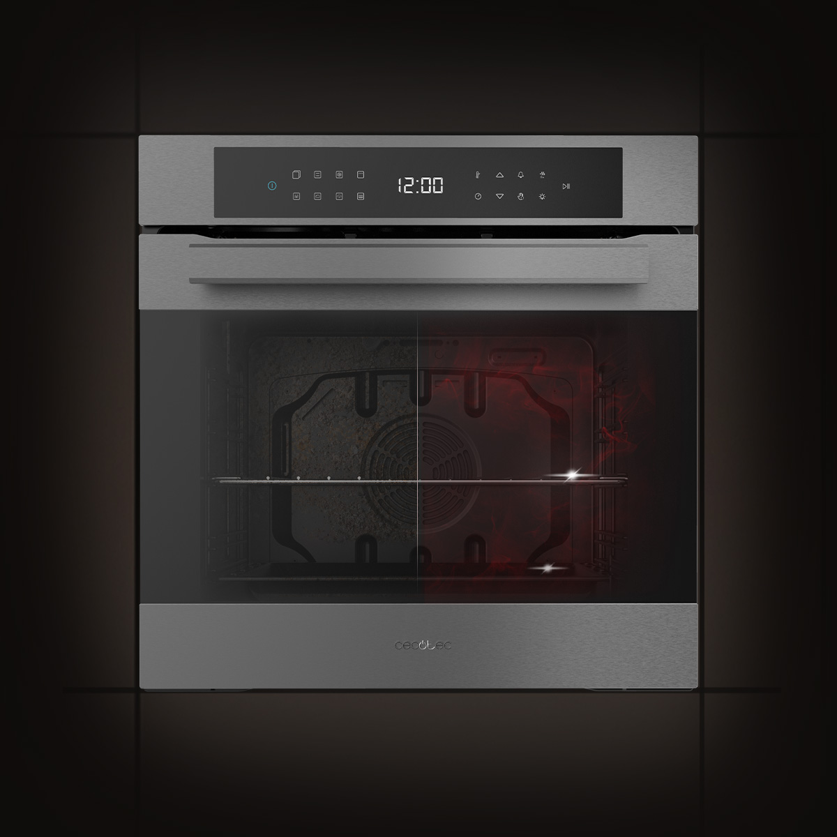 Un horno moderno de acero inoxidable empotrado con pantalla digital 12:00, tirador y puerta de cristal oscuro.