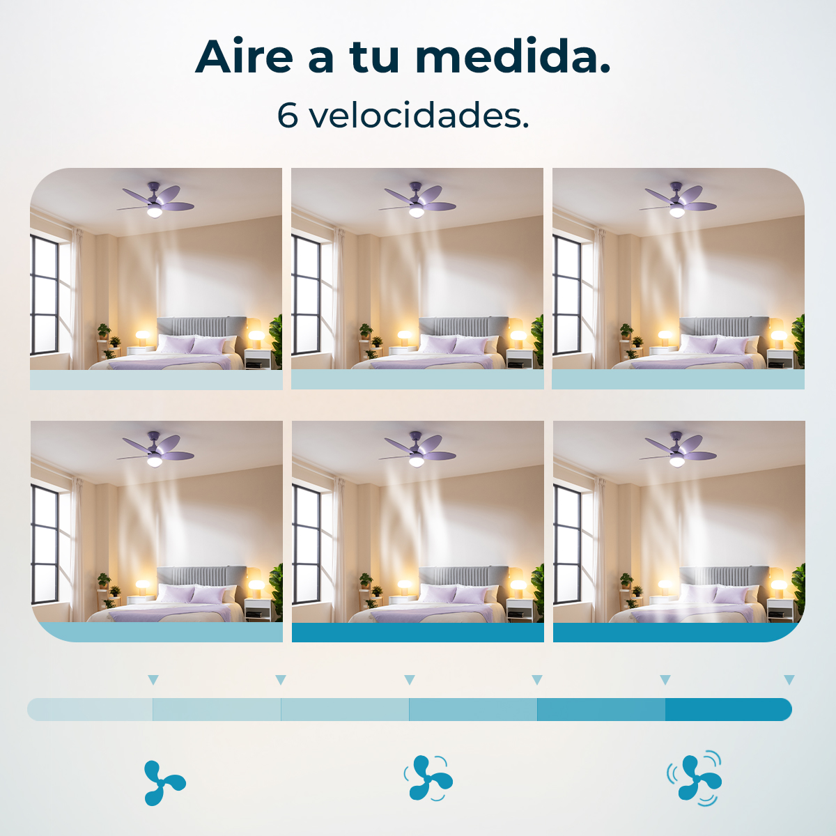 Sei immagini di una camera da letto mostrano un ventilatore a soffitto con velocità crescenti.