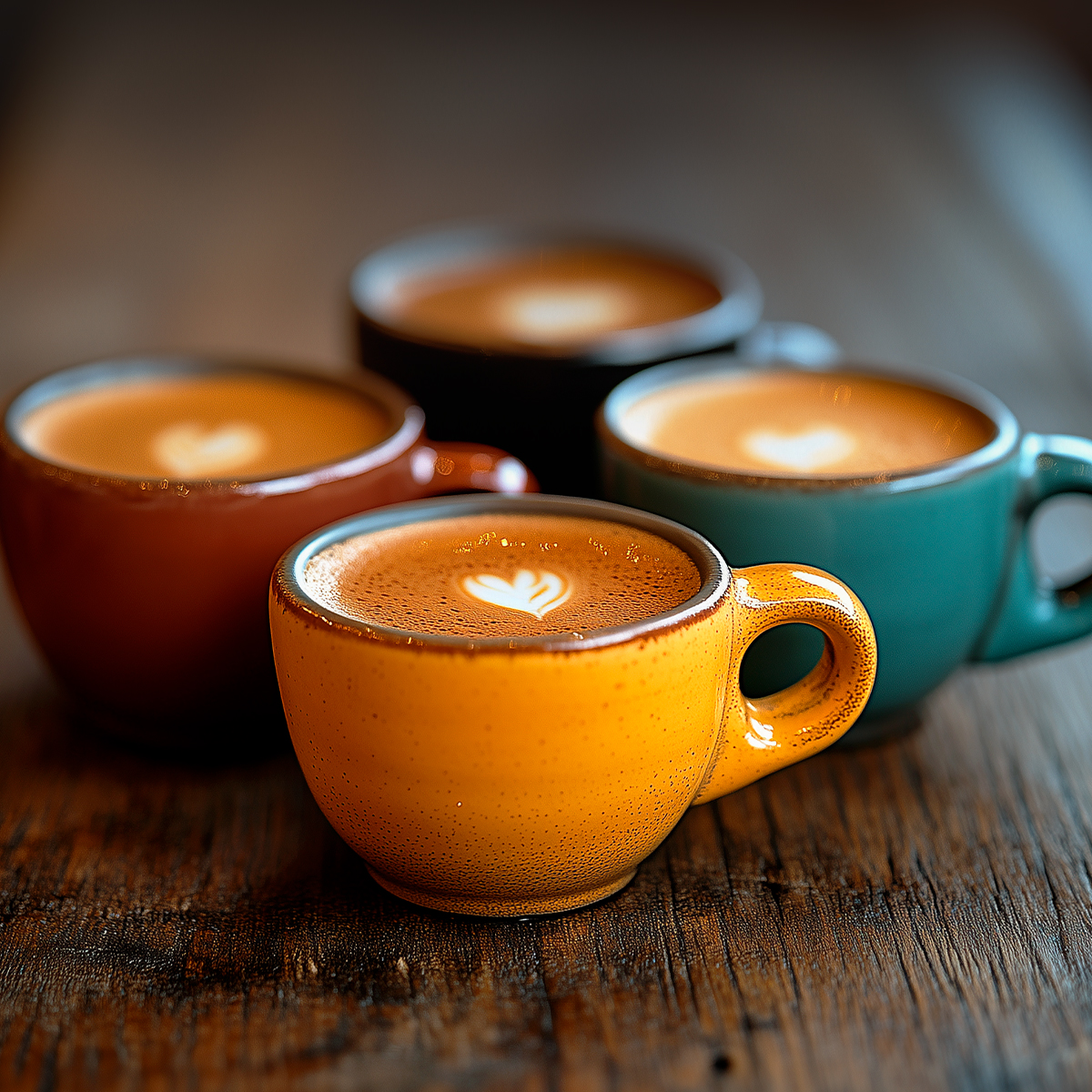 Quattro tazze colorate di caffè con latte art sono disposte su un tavolo di legno.
