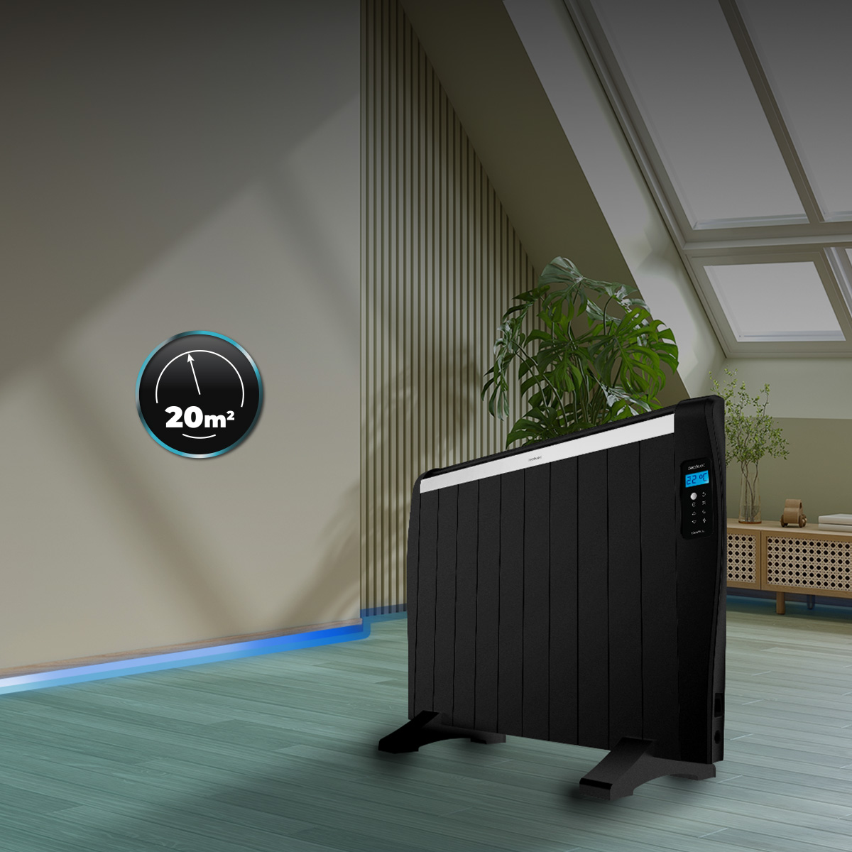 Un termosifone elettrico nero su pavimento in legno, con icona 20m² sul muro.
