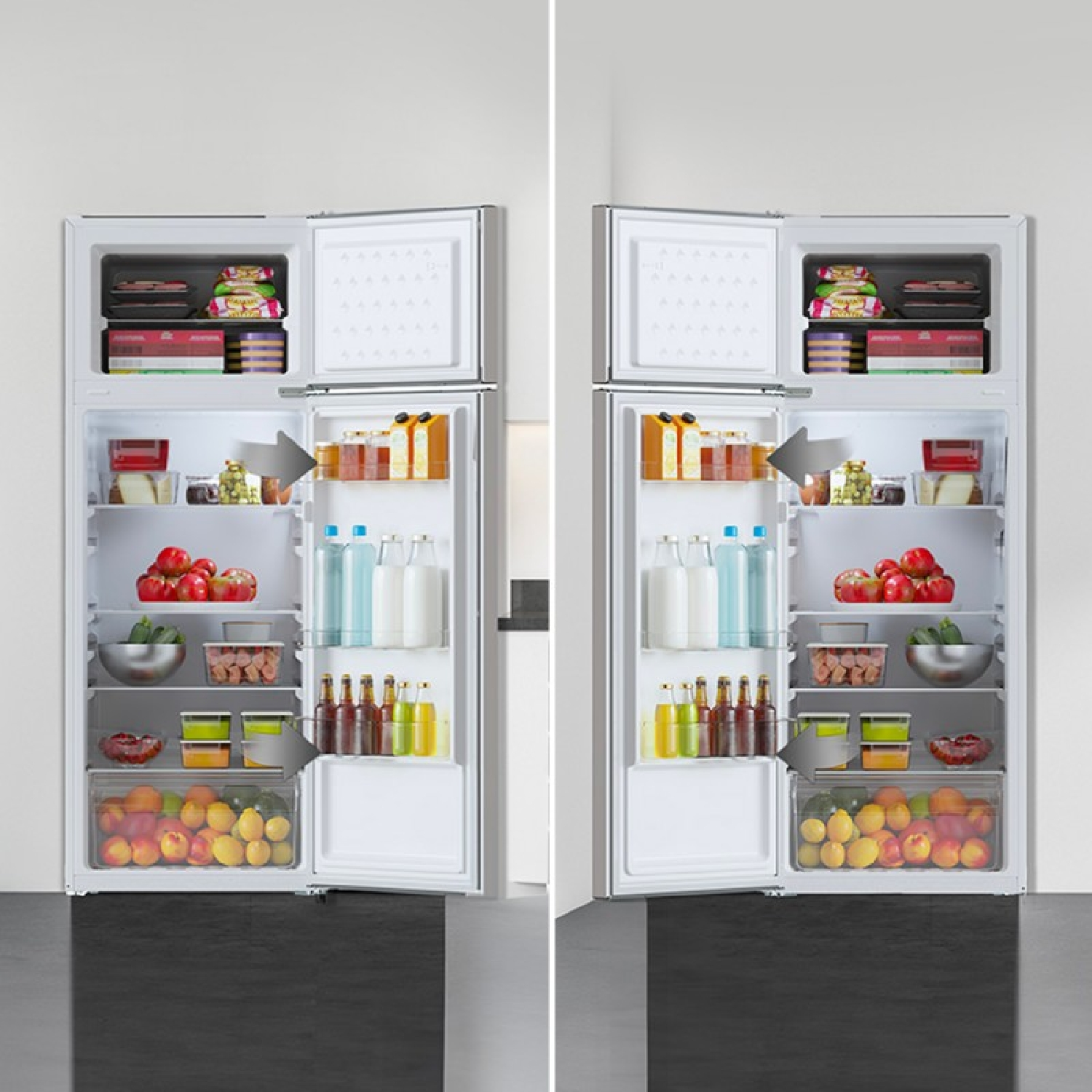 Dos refrigeradores abiertos llenos de comida, botellas, frutas y verduras.