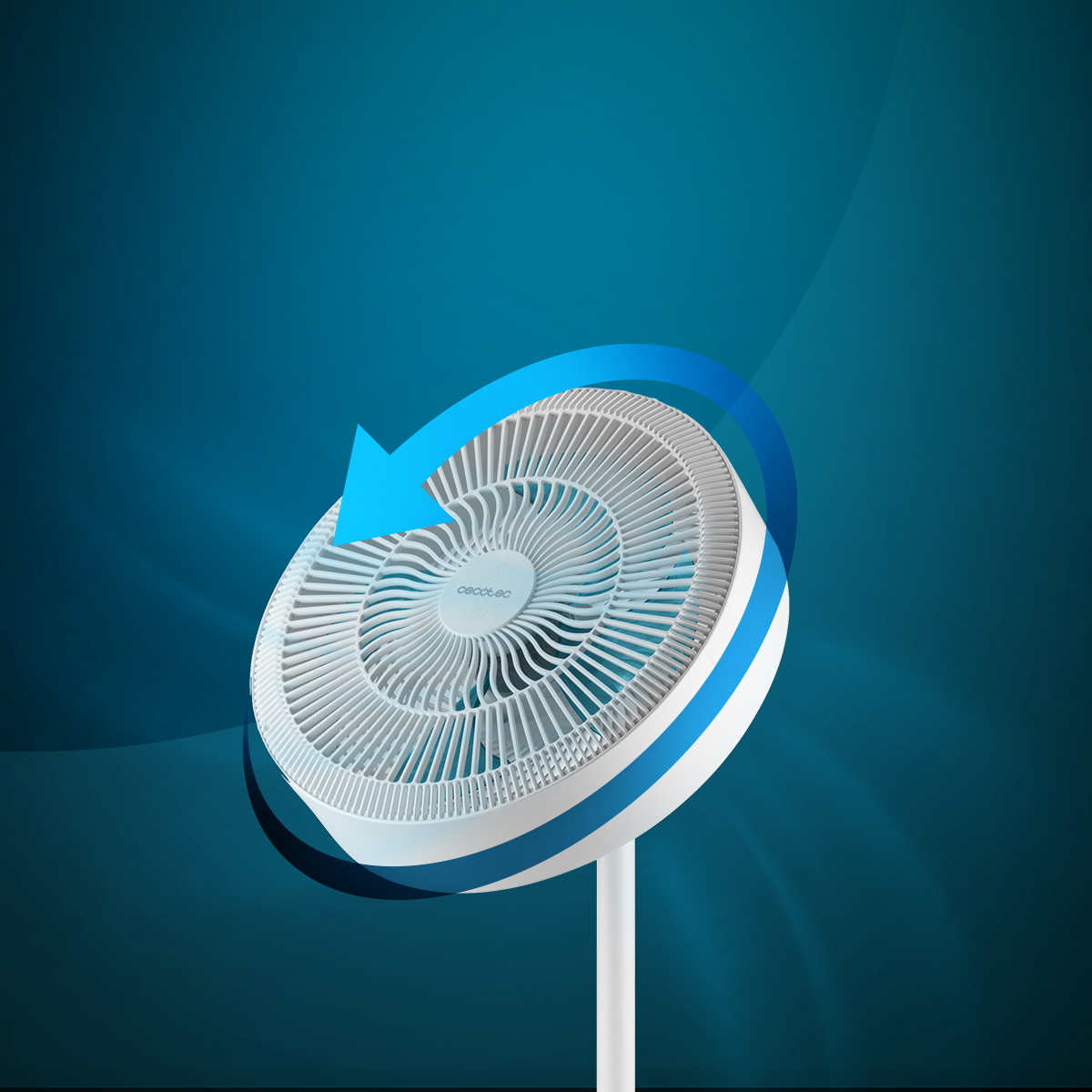 Un ventilatore da tavolo oscillante bianco su sfondo blu, con una freccia blu che indica la rotazione.