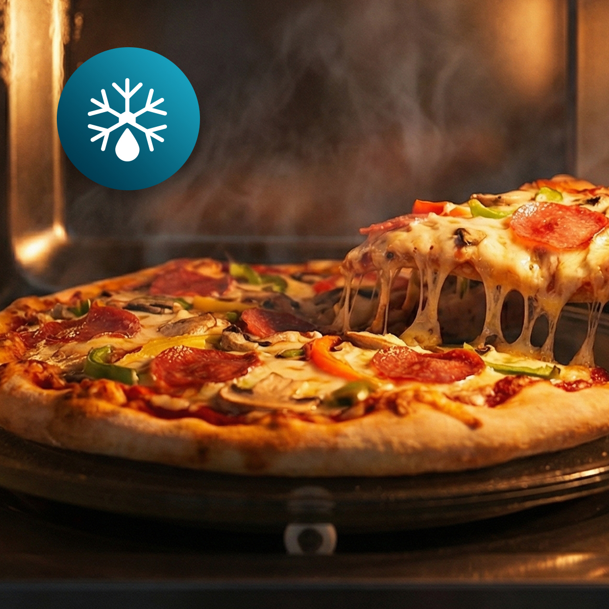 Pizza caliente con queso derundido e ingredientes horneándose con un icono de descongelación.