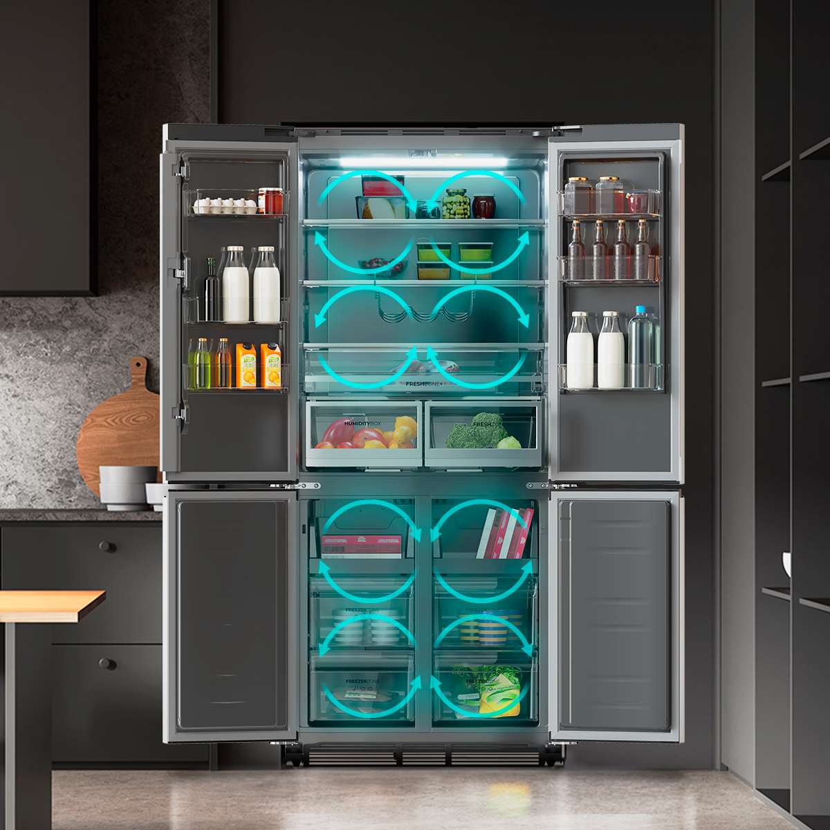 Un refrigerador abierto en una cocina muestra alimentos dentro con flechas de circulación brillantes azules.