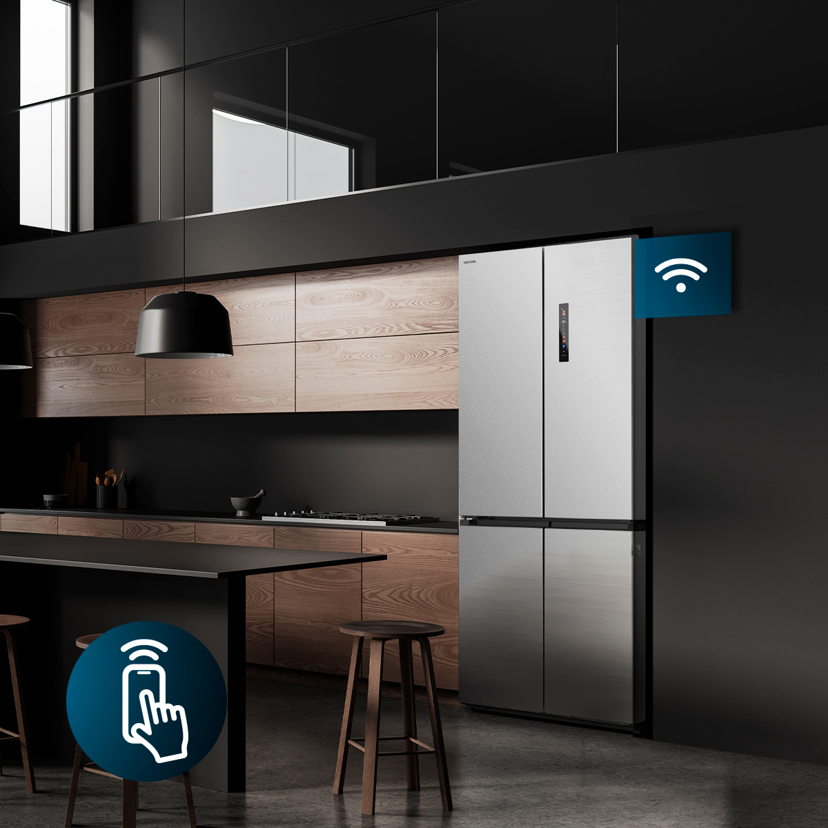 Cocina moderna con gabinetes de madera, refrigerador de acero inoxidable e icono de Wi-Fi.