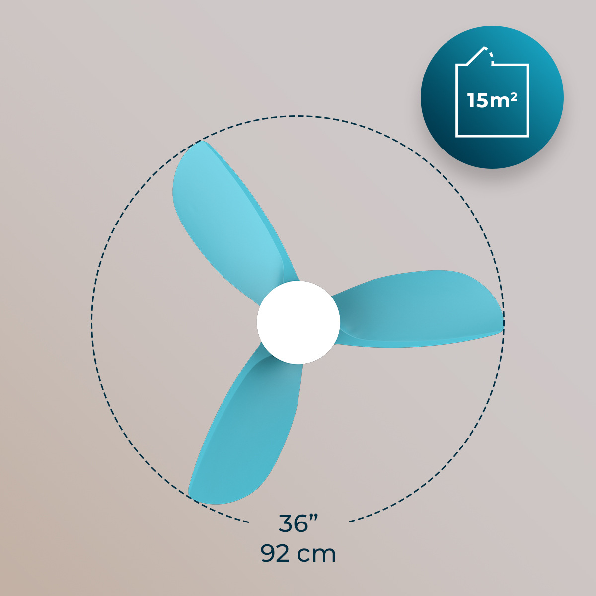 Un ventilador de techo azul claro con tres aspas y centro blanco, de 36 pulgadas o 92 cm.