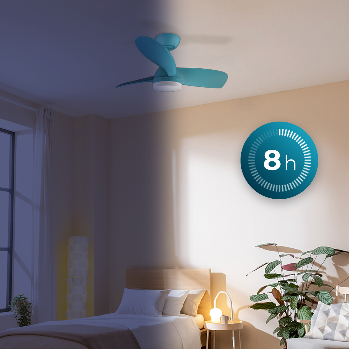 Dormitorio con ventilador de techo azul, cama, planta y un círculo azul con temporizador de 8 horas.