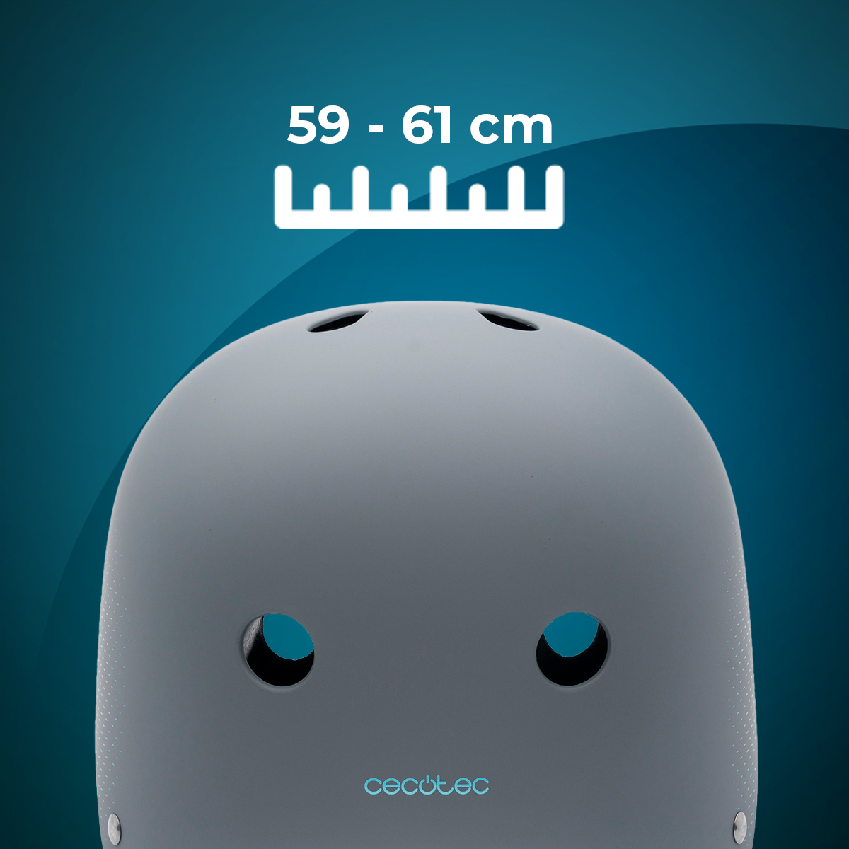 Casco gris con aberturas de ventilación sobre fondo azul y texto 59 - 61 cm.