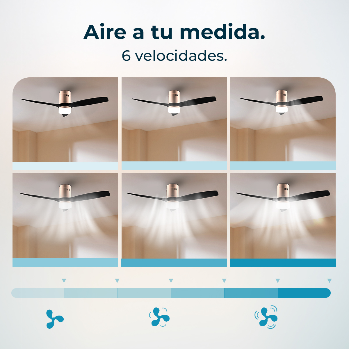 Sei immagini mostrano un ventilatore da soffitto con varie intensità di vento.