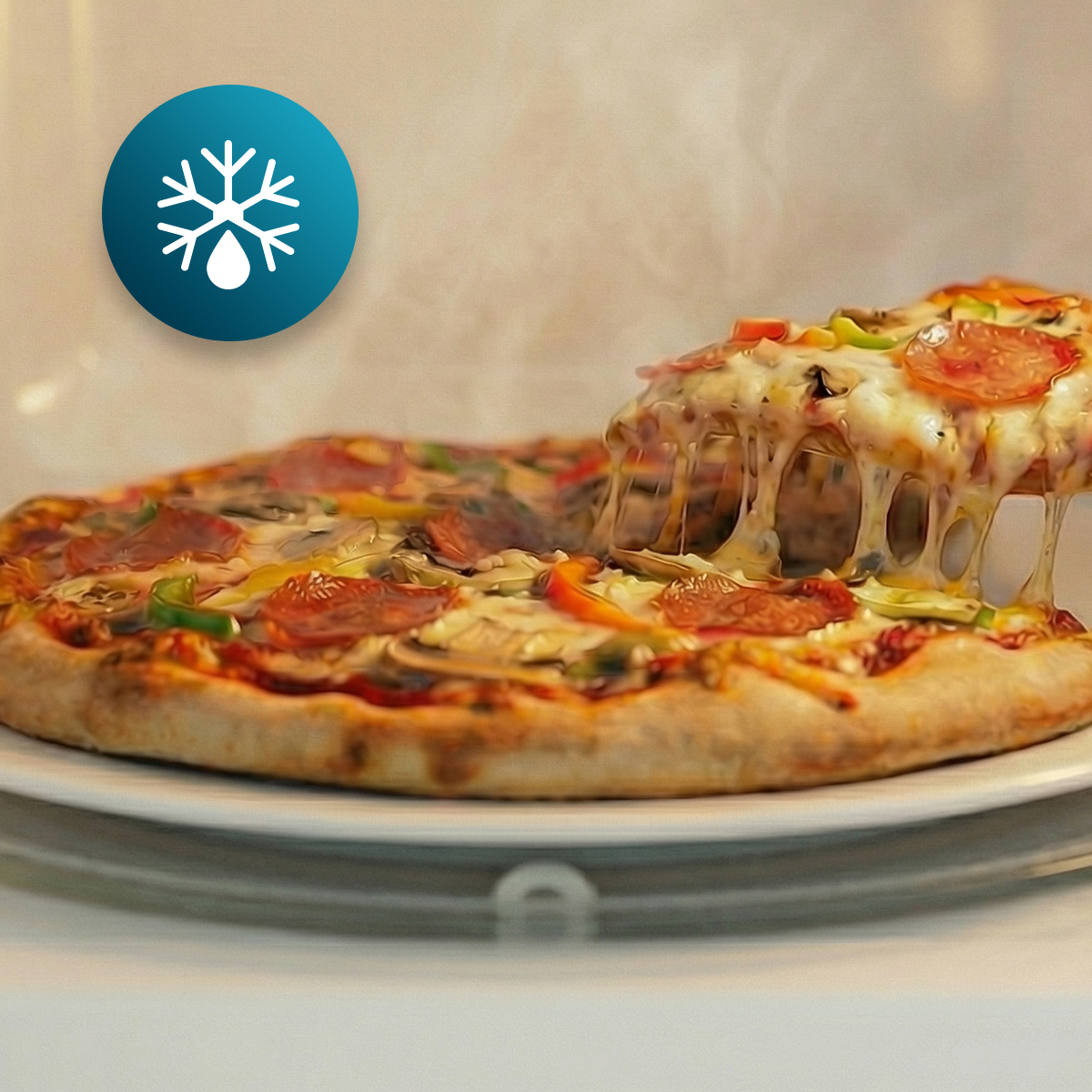 Una pizza con queso derretido y un gráfico de copo de nieve arriba a la izquierda, en un plato.