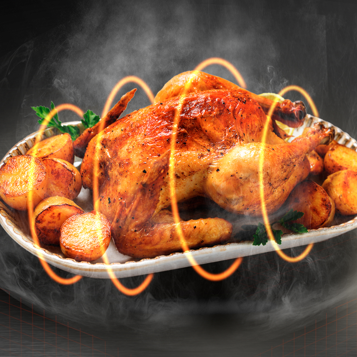 Un pollo asado con patatas en una bandeja, rodeado de vapor ascendente y anillos calefactores naranjas.