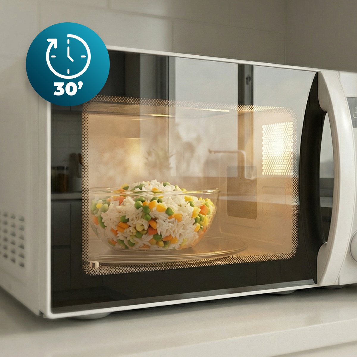 Un microondas blanco con un bol de arroz y verduras en su interior iluminado, con un icono de temporizador de treinta minutos.