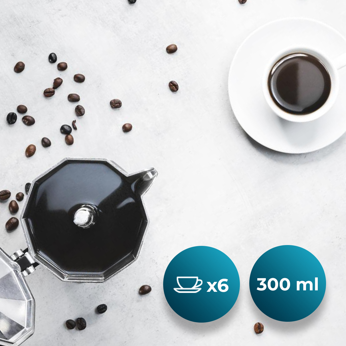 Una cafetera italiana, granos de café y una taza de café en una mesa, con iconos de seis tazas y 300 ml.