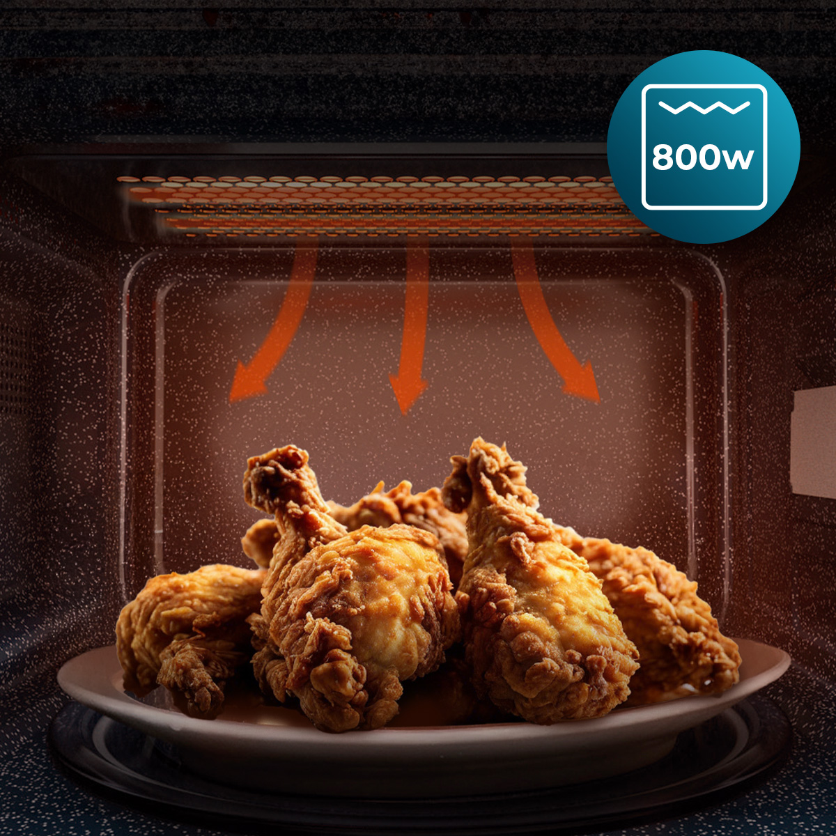 Muslos de pollo fritos en un plato dentro de un horno microondas de 800W.