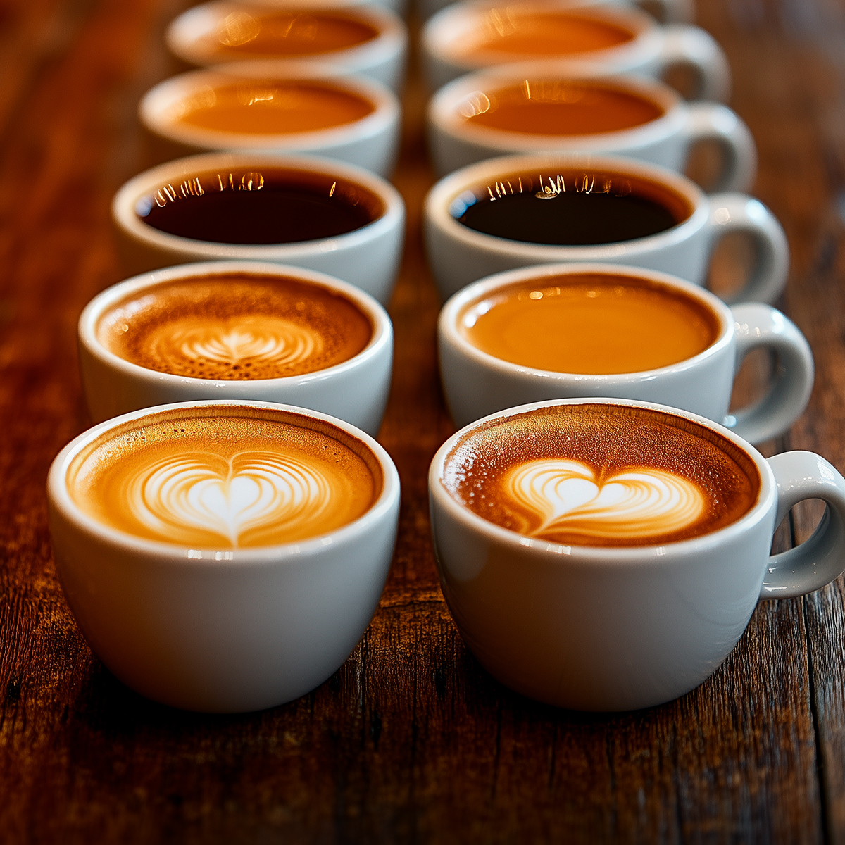Dos hileras de tazas de café blancas con arte latte en una mesa de madera.