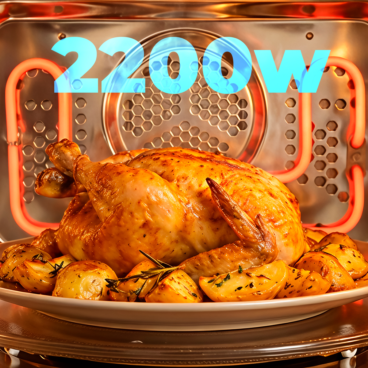 Un pollo entero asado con patatas en un plato dentro de un horno con el texto 2200W.