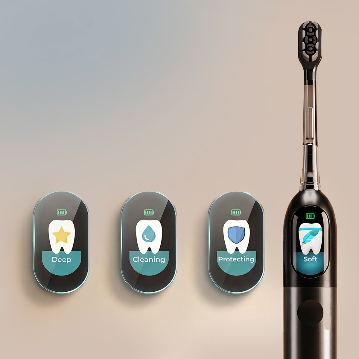 Un cepillo de dientes eléctrico negro junto a tres botones de control con iconos de dientes para Deep, Cleaning y Protecting.