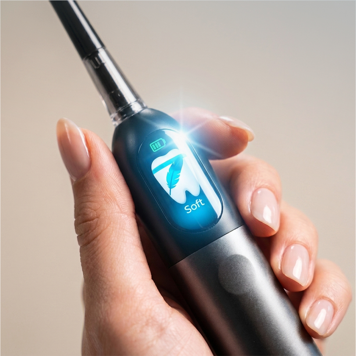 Una mano sostiene un cepillo de dientes eléctrico negro con una pantalla azul iluminada que dice "Soft".