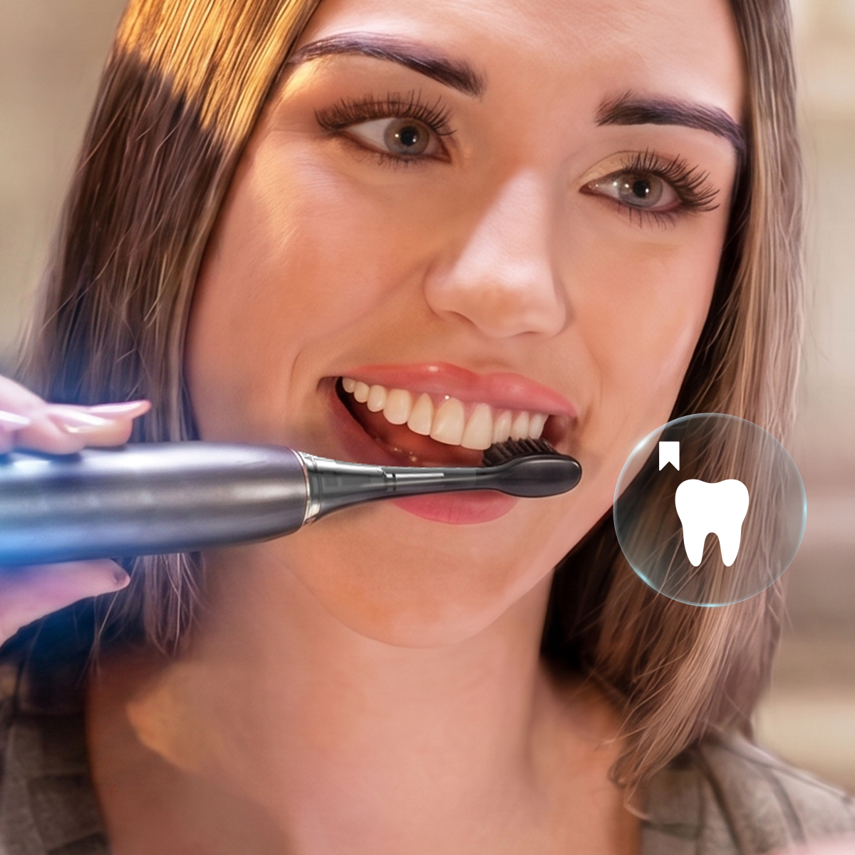 Una mujer joven se cepilla los dientes con un cepillo eléctrico y sonríe a la cámara.