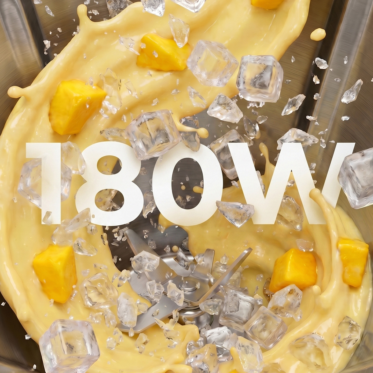Batido amarillo mezclándose con cubitos de hielo, trozos de mango y el texto 180W.