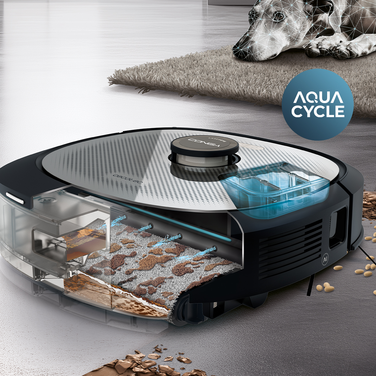 Vista en corte de un robot aspirador en el suelo, mostrando depósito de agua y suciedad, con un perro al fondo.