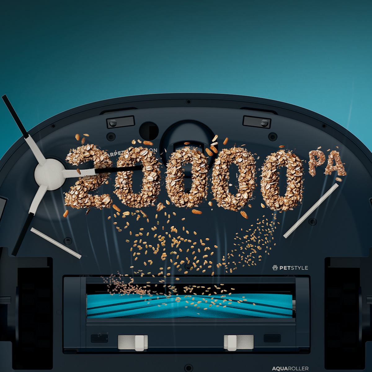 Parte inferior de un robot aspirador con el texto 20000Pa hecho de granos y pequeñas partículas siendo aspiradas.
