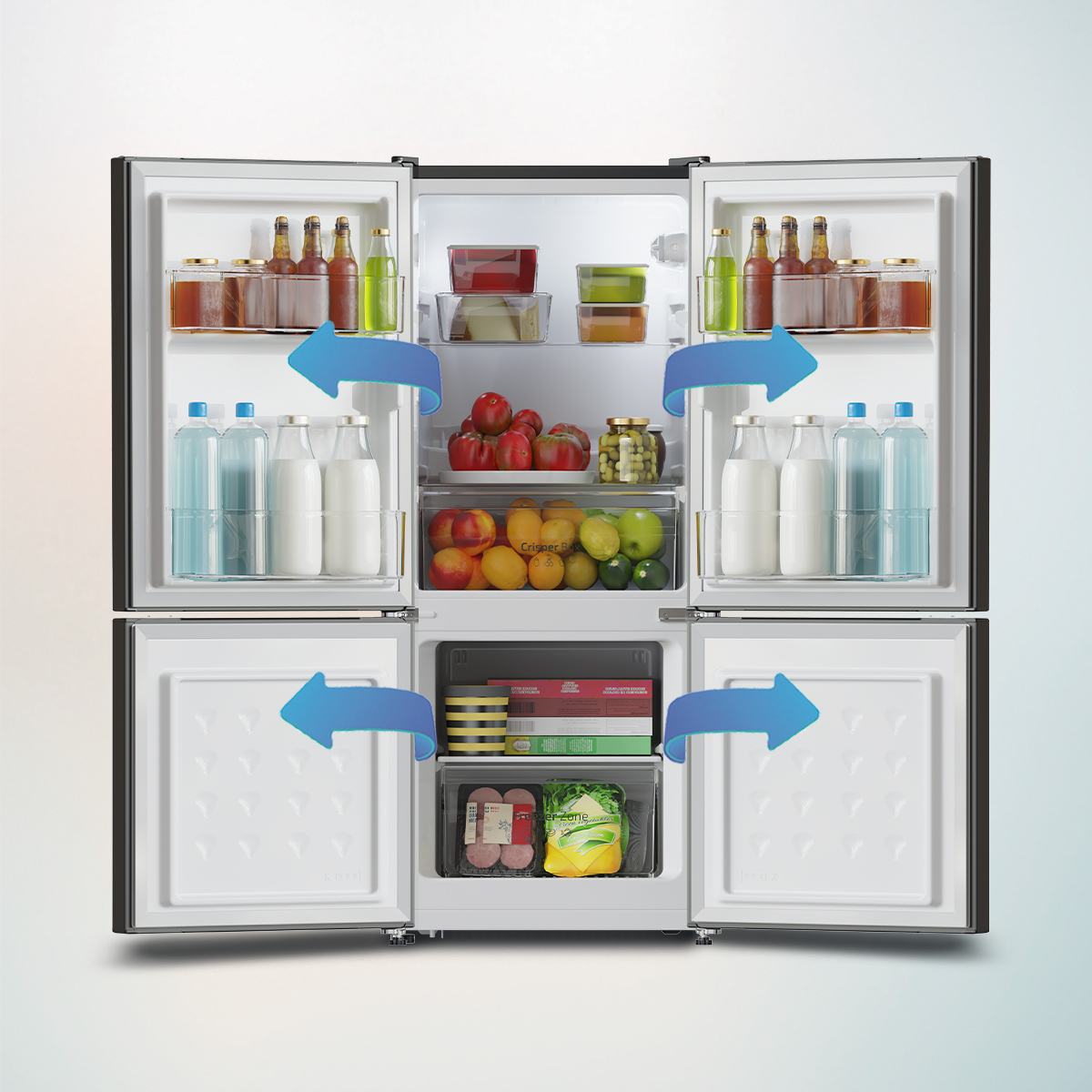 Un refrigerador de cuatro puertas completamente surtido con verduras, bebidas y alimentos, con flechas azules.