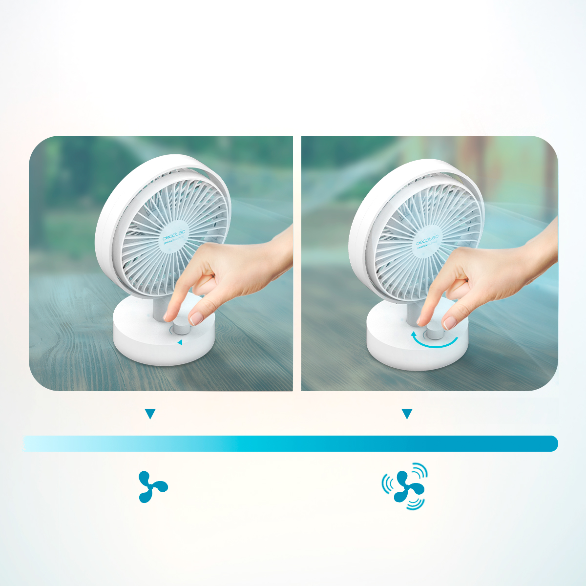 Hand stellt einen weißen Tischventilator ein.