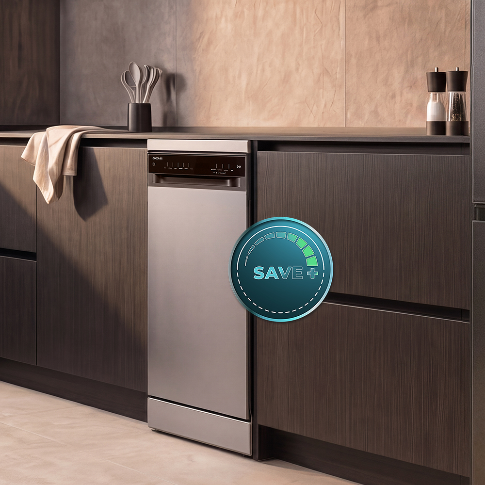 Cocina moderna con lavavajillas de acero inoxidable, gabinetes oscuros y un icono de ahorro azul.