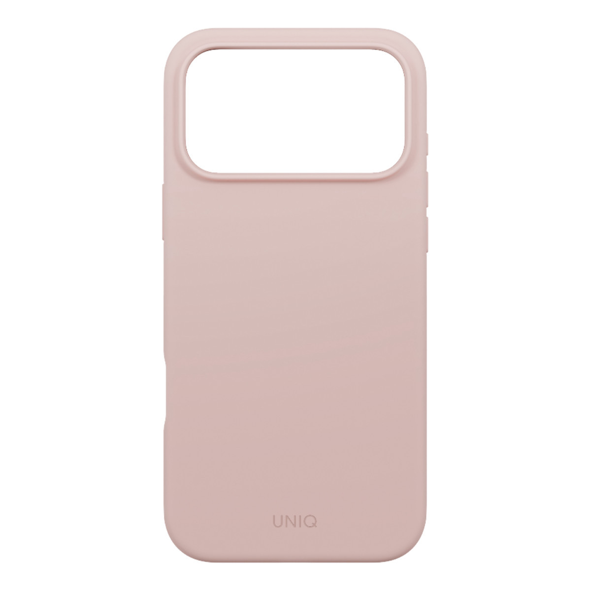 Büyük dikdörtgen kamera kesikli ve UNIQ marka adına sahip mat toz pembe akıllı telefon koruma kılıfı.