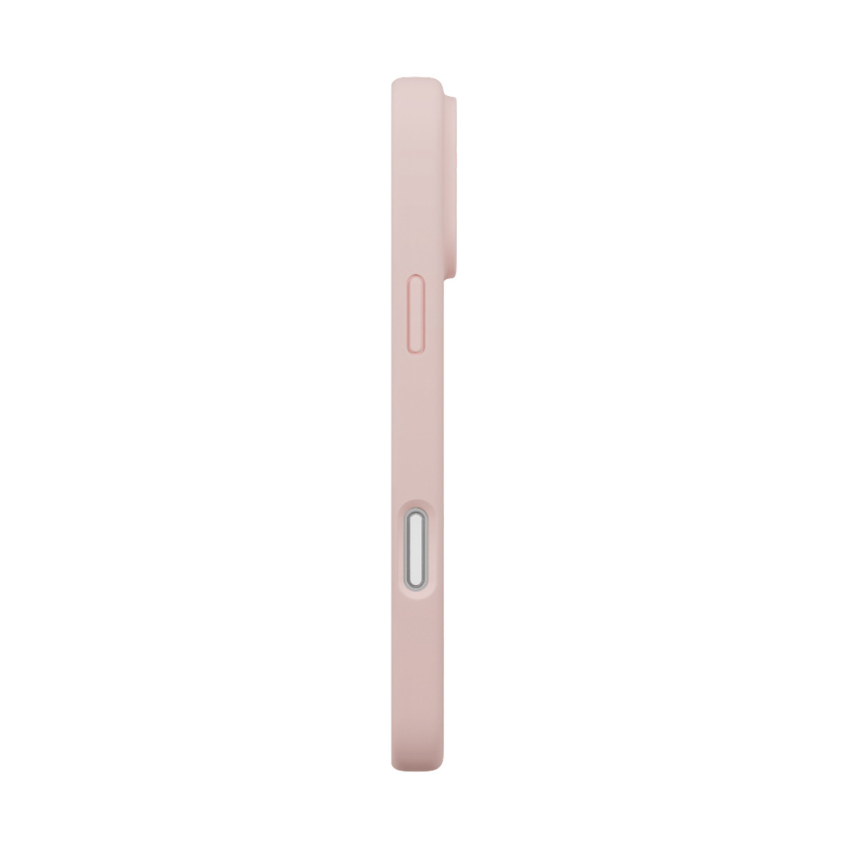 Beyaz arka planda görünür düğmeleri olan pembe bir telefon kılıfının yan görünümü.
