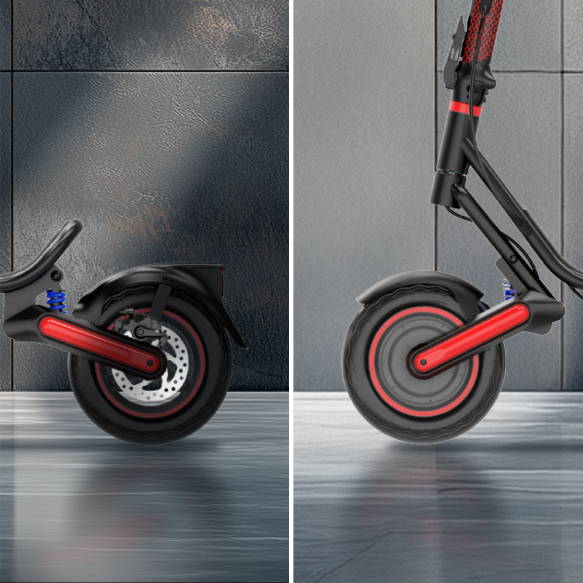 Nahaufnahme eines schwarzen E-Scooters mit roten Akzenten, Hinter- und Vorderrad vor grauer Wand.
