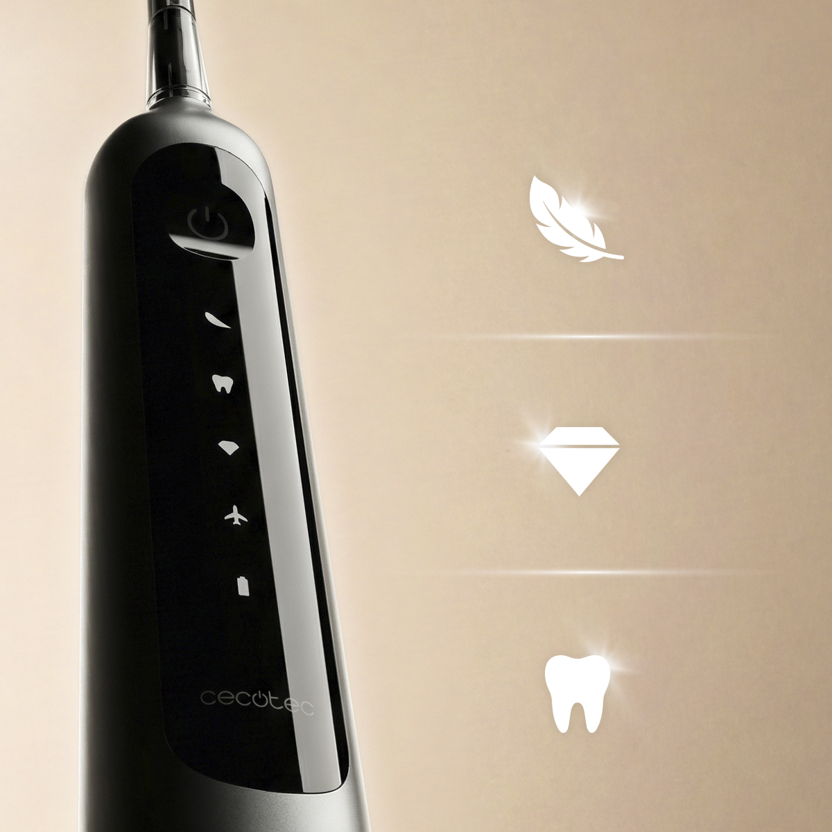 Uno spazzolino elettrico nero con icone di modalità, accanto ad icone fluttuanti di piuma, diamante e dente.