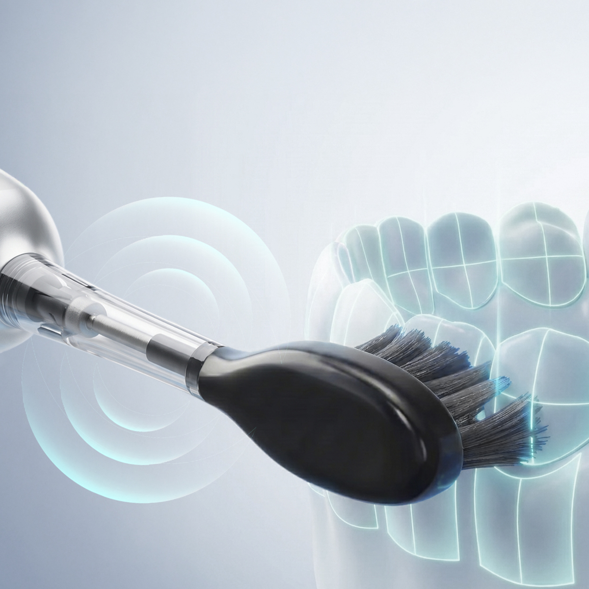 Uno spazzolino elettrico pulisce i denti contrassegnati da una griglia digitale blu.