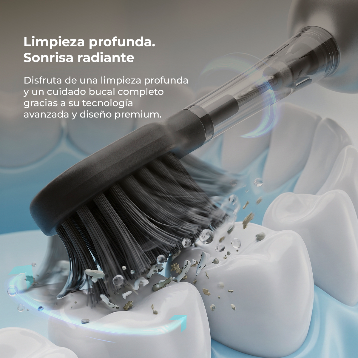 Uno spazzolino elettrico pulisce i denti in profondità con acqua e schiuma. Testo in spagnolo a sinistra.