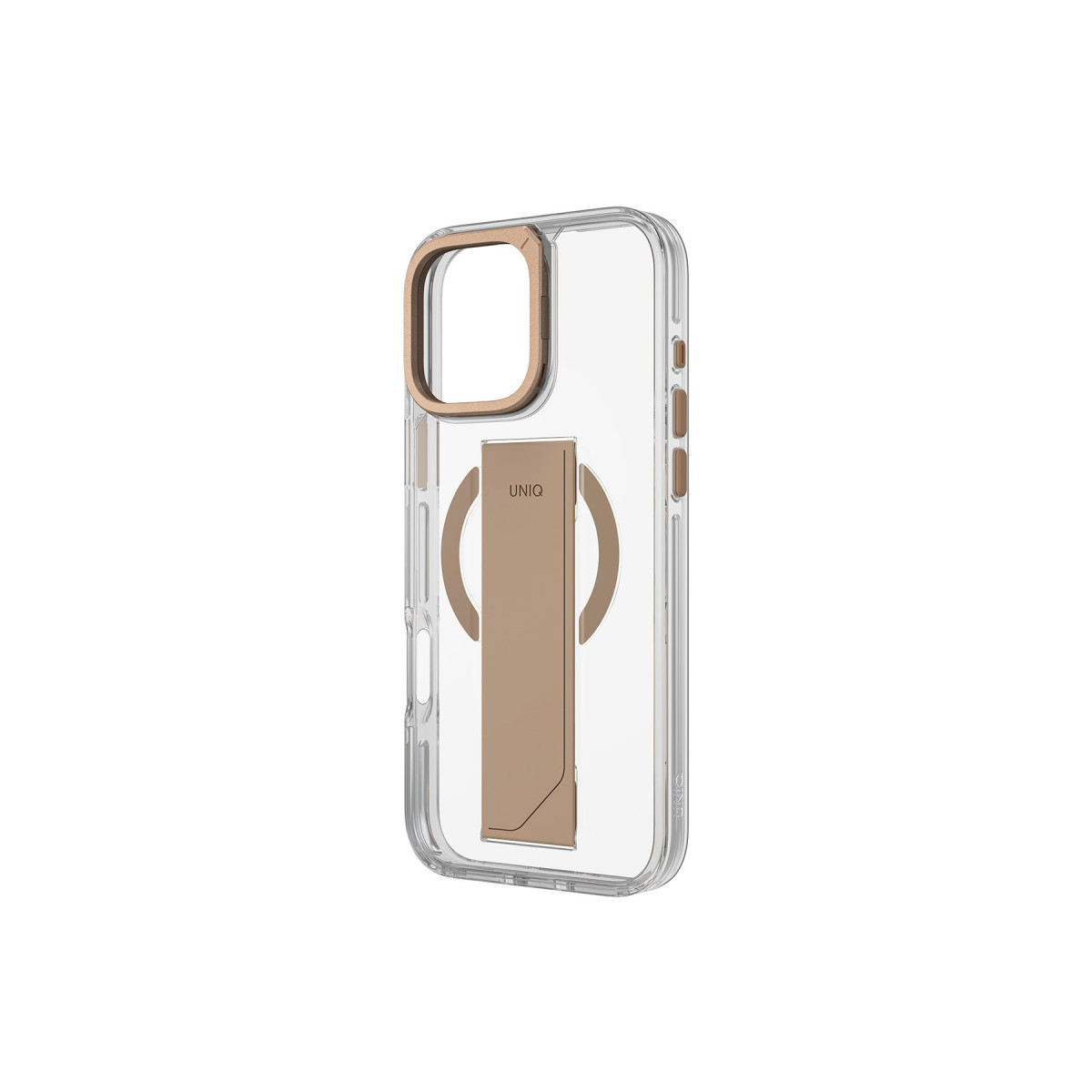 Altın renkli kamera halkalı ve arka tarafında entegre standlı şeffaf telefon kılıfı.