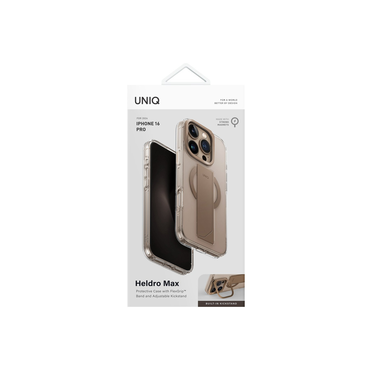 Standlı iPhone 16 Pro için Uniq Heldro Max koruyucu kılıf ambalajı.