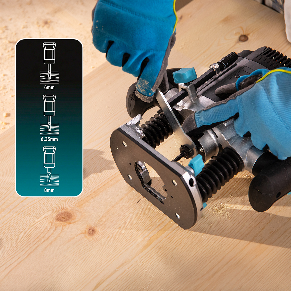 Trabajador con guantes azules ajusta una fresadora en una tabla de madera junto a un panel de diagramas.
