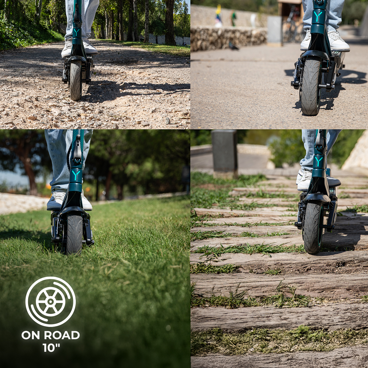 Cuatro imágenes muestran un patinete eléctrico en varias superficies como grava, asfalto, césped y madera.
