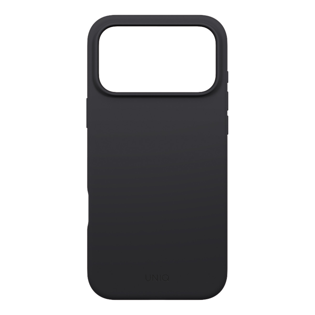 Üstte büyük kamera kesimi ve altta marka logosu bulunan mat siyah silikon telefon kılıfı.