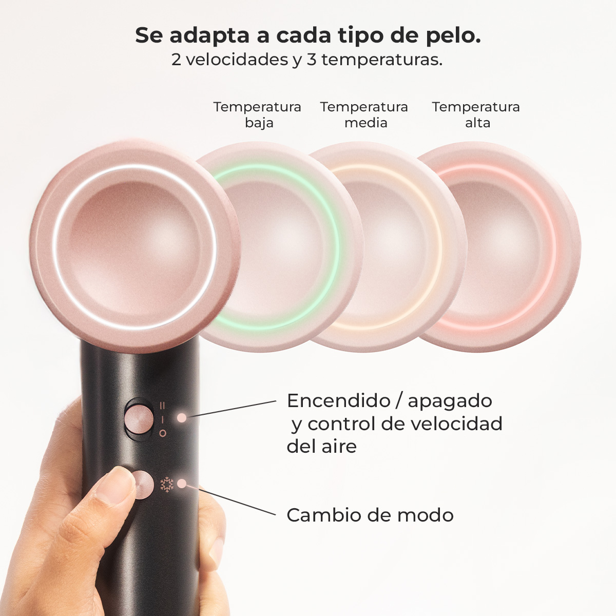 Una mano sostiene un secador negro con detalles en oro rosa, mostrando temperaturas y velocidades.