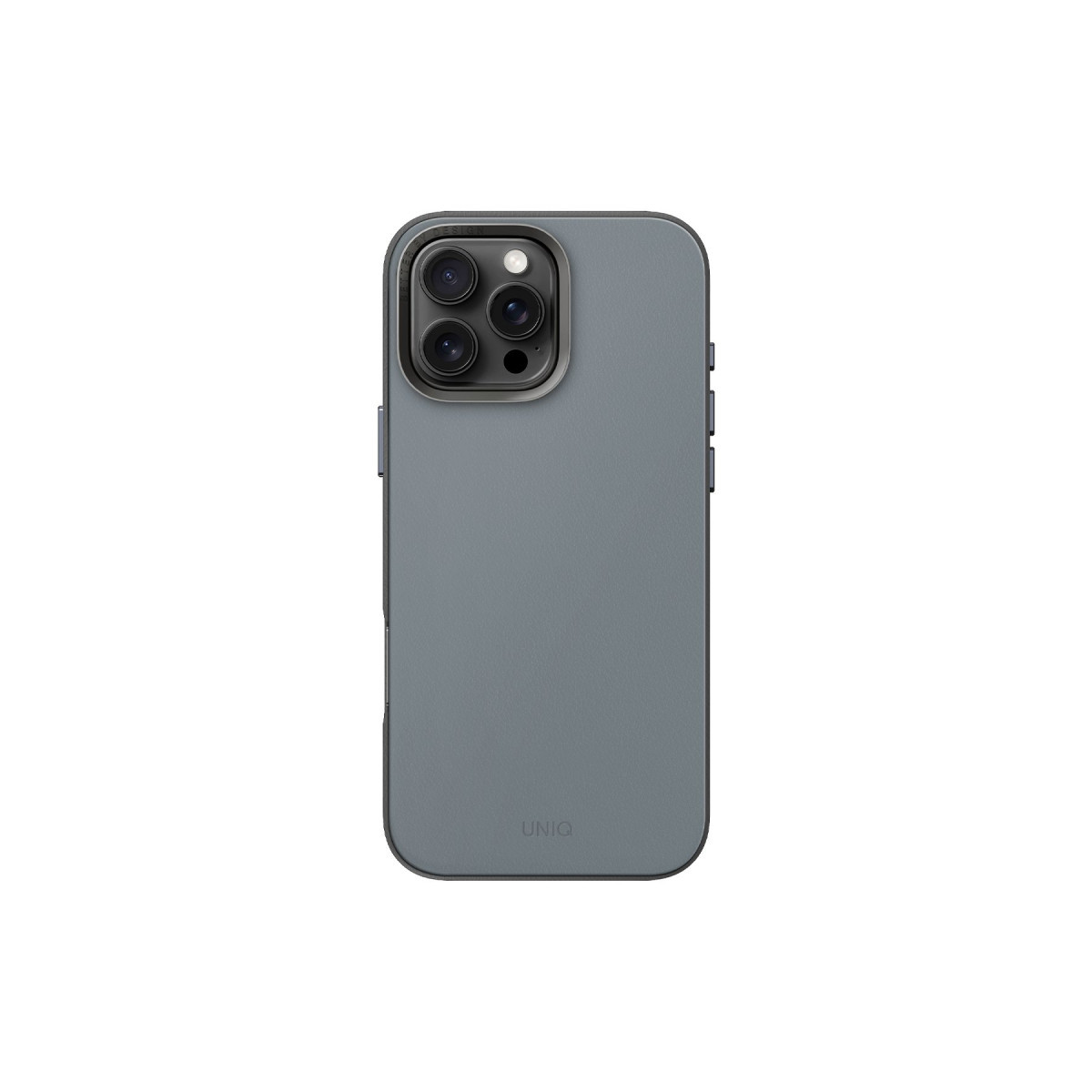 Üçlü kamera modülüne ve UNIQ logosuna sahip mat gri koruyucu kılıf içindeki bir akıllı telefon.