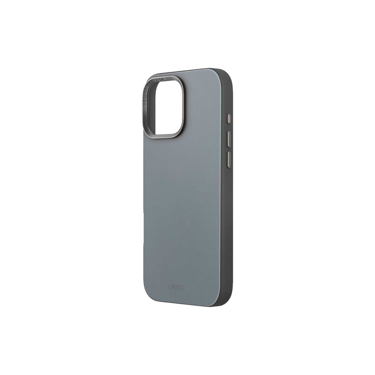 Siyah kenarlıklı ve kamera çıkıntılı şık, gri telefon kılıfı beyaz arka planda.