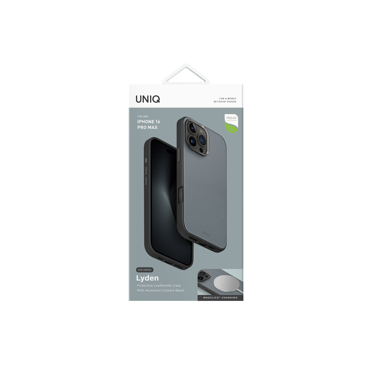 iPhone 16 Pro Max için Uniq Lyden kılıf ambalajı, gri kılıf ve MagClick şarj özelliğini gösterir.