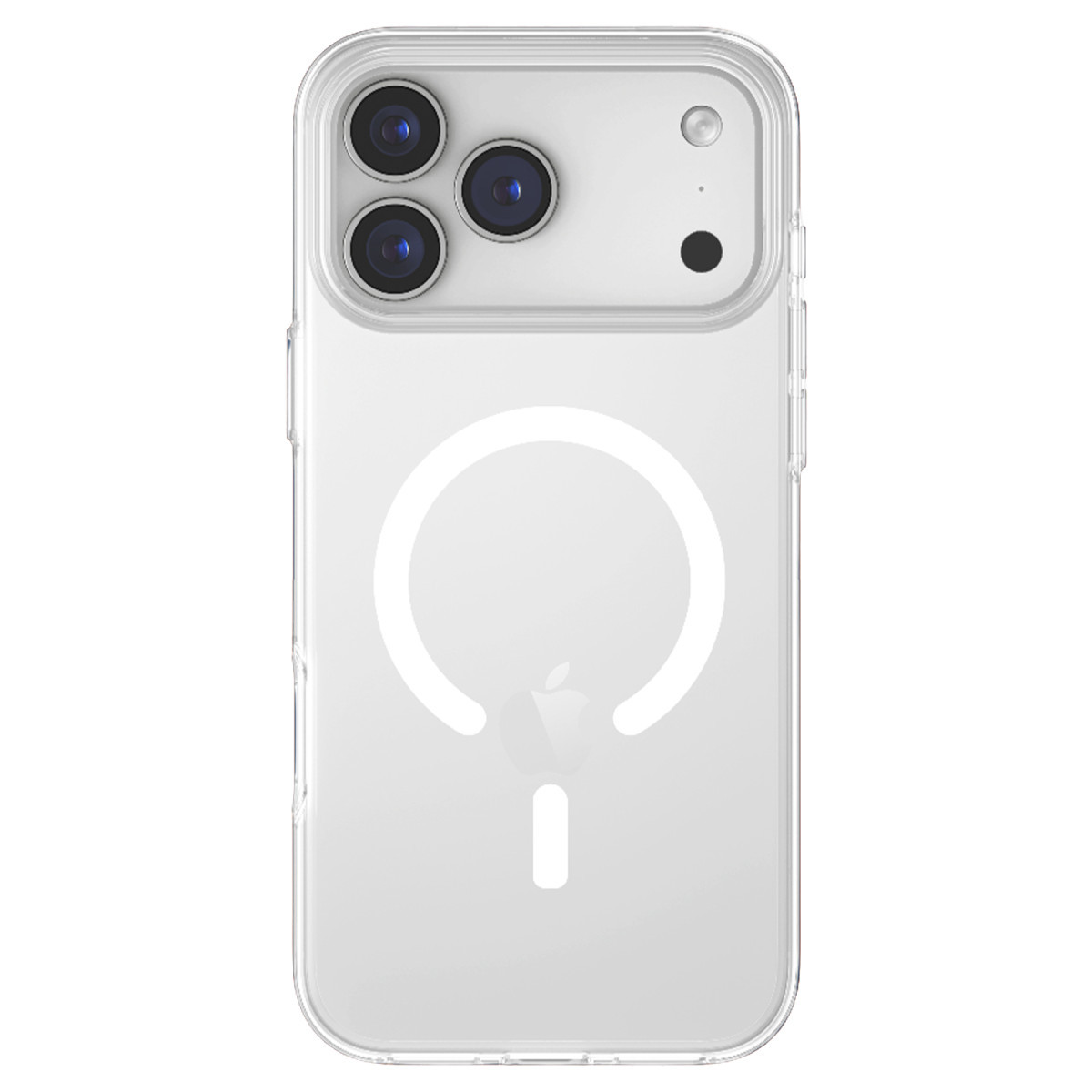 Beyaz akıllı telefon üzerinde MagSafe halkalı ve kamera kesikli şeffaf telefon kılıfı.