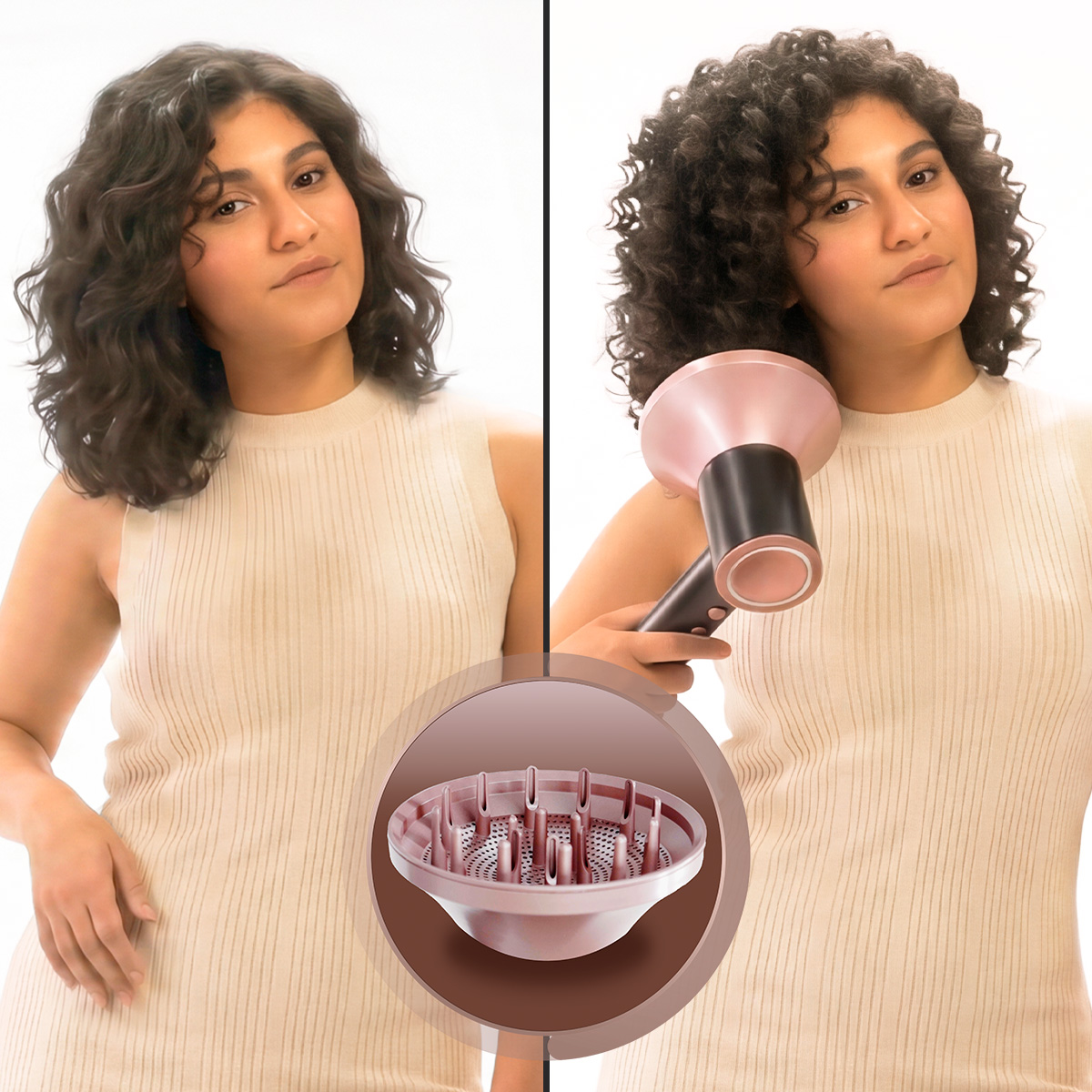 Comparación: Una mujer con cabello ondulado y la misma mujer con rizos voluminosos usando un secador con difusor.