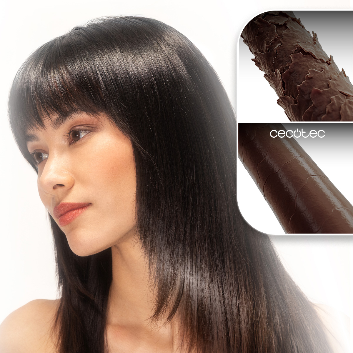 Mujer con cabello oscuro y liso, junto a comparaciones ampliadas de la cutícula capilar.