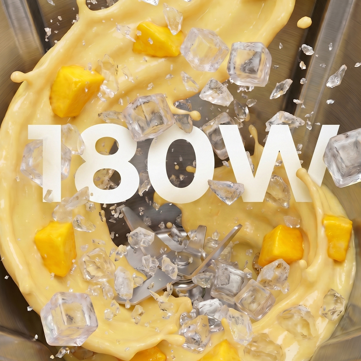 Licuadora con batido amarillo, trozos de mango y cubitos de hielo, con el texto 180W.