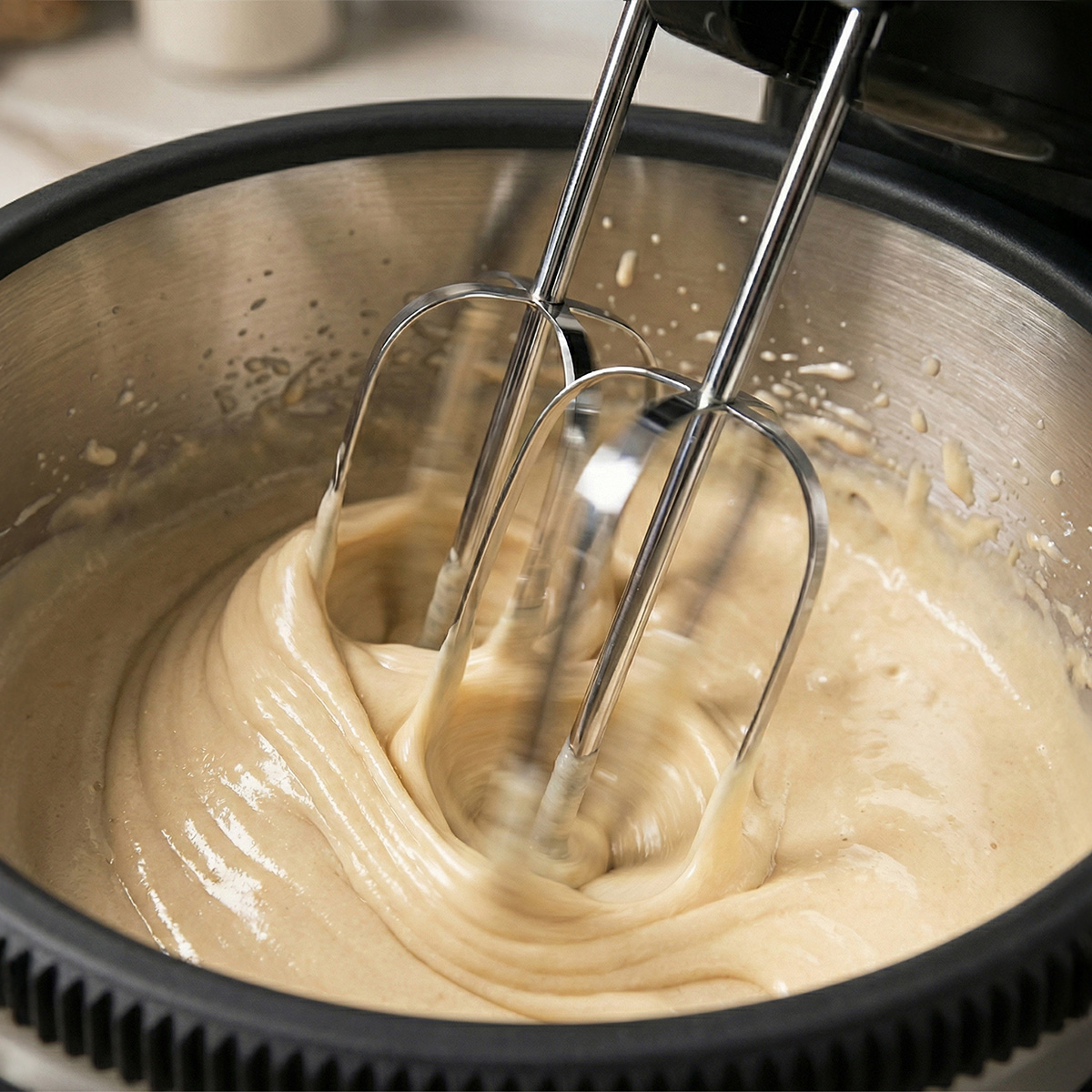 Un mixer a mano mescola l'impasto in una grande ciotola di metallo su un bancone.