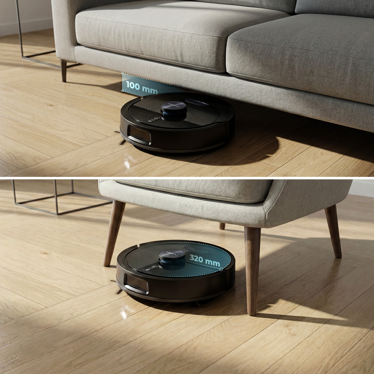 Un robot aspirador negro limpia bajo un sofá con 100 mm de espacio y una silla de 320 mm de ancho.